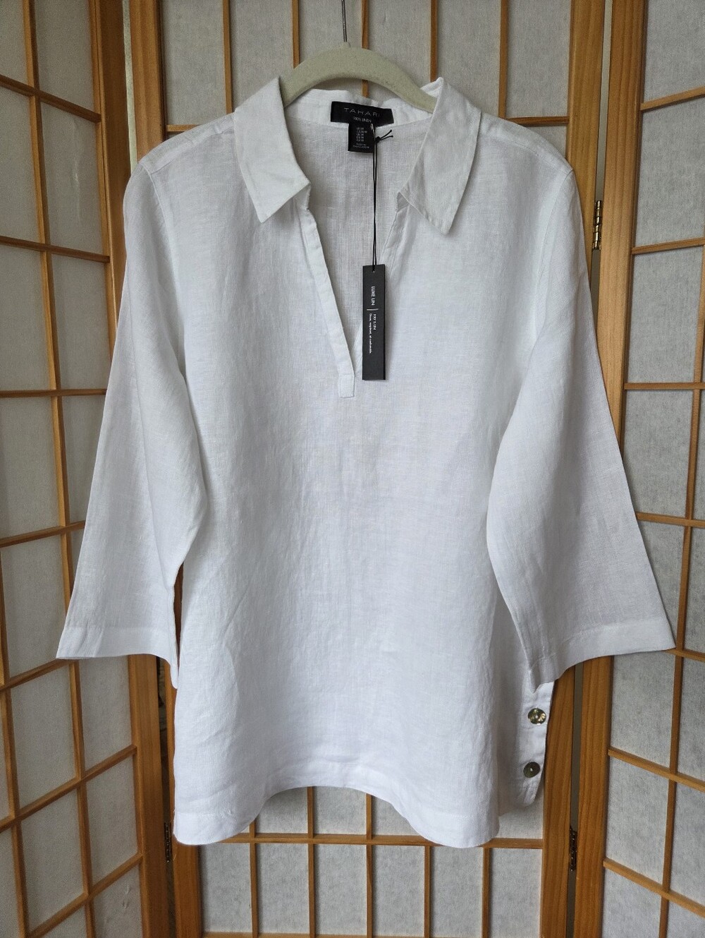 NWT WOMENS TAHARI WHITE 100% LINEN PULLOVER 3/4 SLEEVES SIDE BUTTONS BLOUSE M